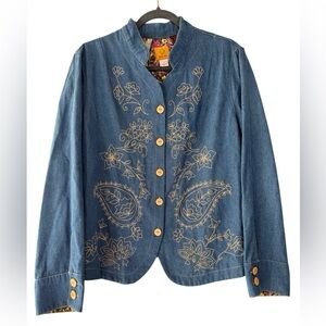 Ruby Rd. Embroidered Denim Jacket Paisley Floral Print Lined Collar Size 16